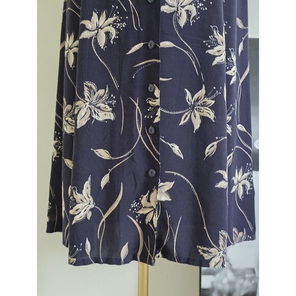 Vintage 90s Dark Navy Floral Button Front High Waist A-line Midi Skirt L - Picture 3 of 8